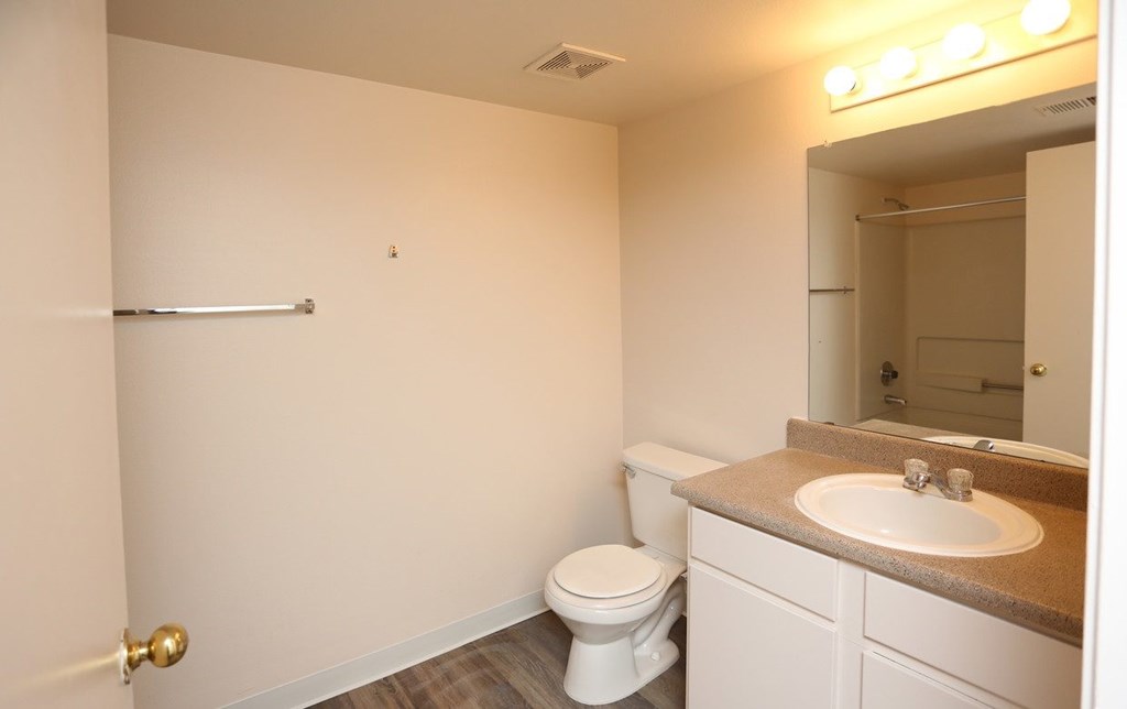 Bathroom with a toilet, sink, mirror, and light at Canon de Arrowhead in Albuquerque, New Mexico