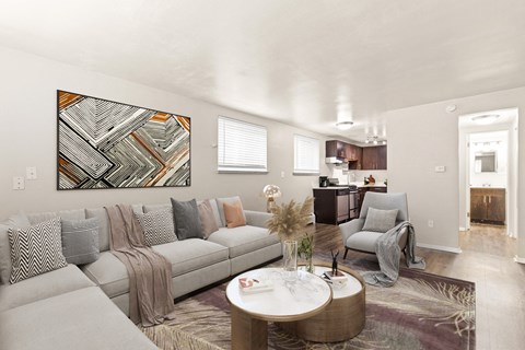 a living room with a couch and a table