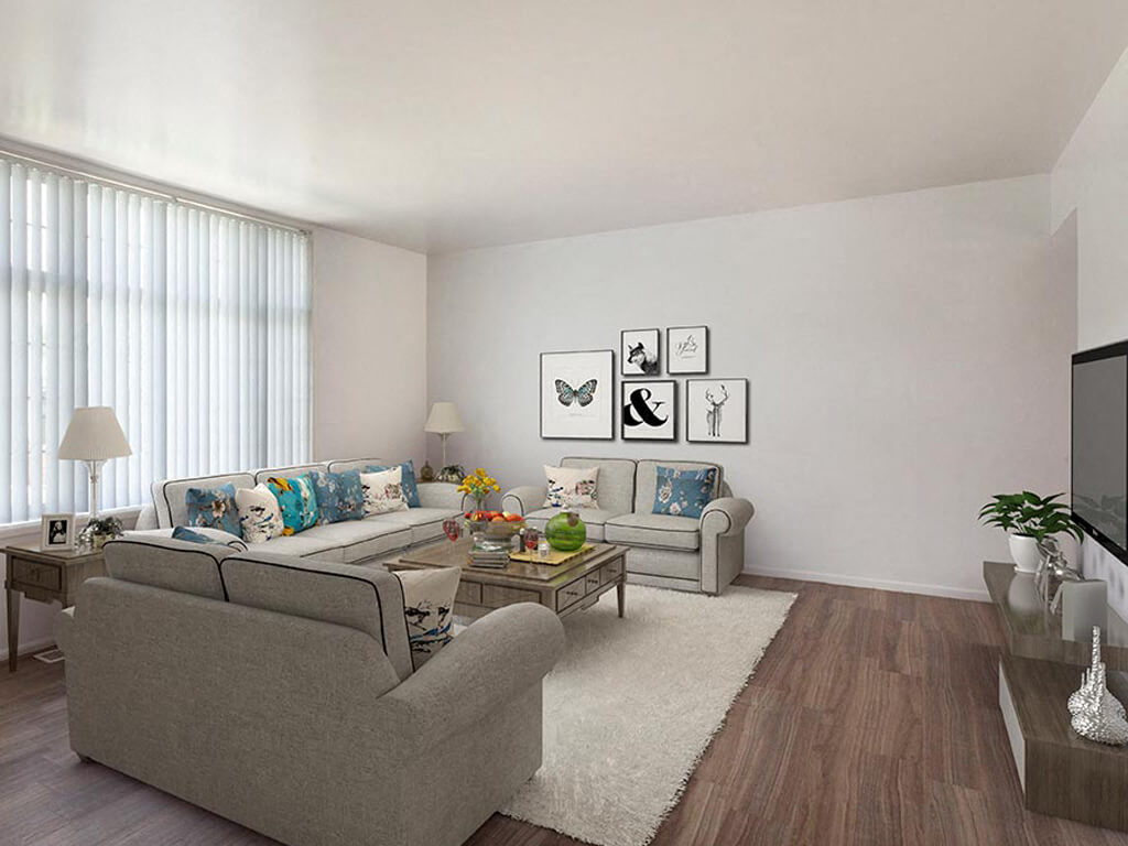 Townhome living area with floor to ceiling windows