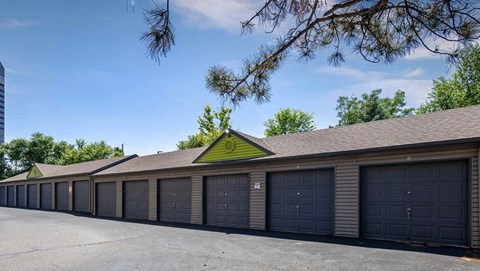 A long row of garage doors are closed at The Helix in Denver, CO