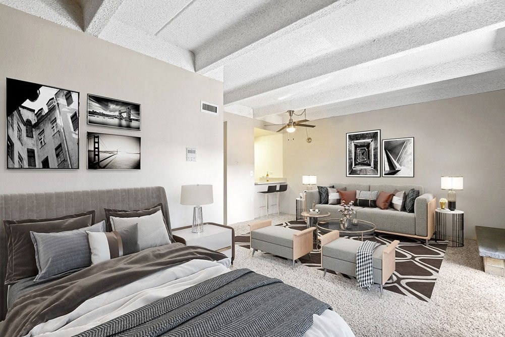 a bedroom and living room with a couch and a bed