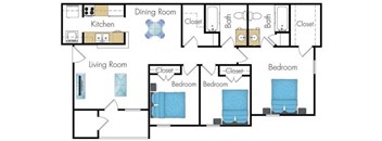 Three bedroom floor plan at Brook Ridge Apartments