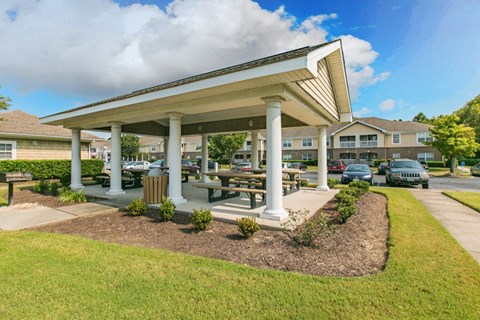 Large covered BBQ grilling area with picnic tables