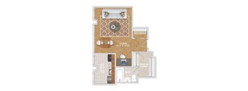 a floor plan of a studio apartment with furniture and a closet