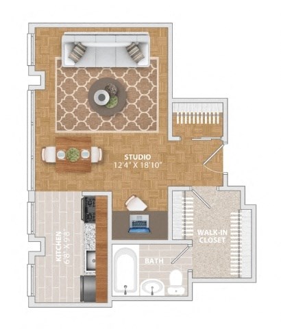 a floor plan of a studio apartment with furniture and a closet