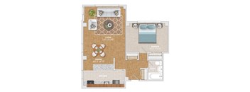 a floor plan of a bedroom apartment with furniture and a patio