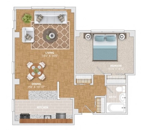 a floor plan of a bedroom apartment with furniture and a patio