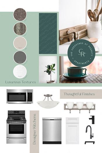 Mood board-style design collage featuring texture samples, modern kitchen finishes, lighting fixtures, and thoughtfully selected interior details.