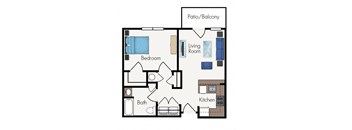 A floor plan of a house with a bedroom, bath, kitchen, living room and patio/balcony.