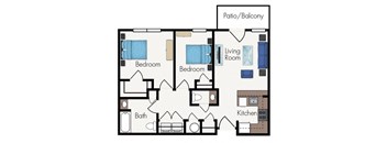 A floor plan of a house with two bedrooms, a living room, a kitchen, a bath, and a patio/balcony.