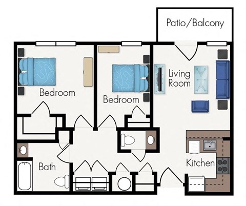 A floor plan of a house with two bedrooms, a living room, a kitchen, a bath, and a patio/balcony.