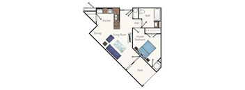 A diagram of a house layout with a kitchen, dining area, living room, hall, bathroom, master bedroom, and deck.