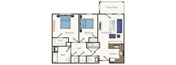 A floor plan of a house with two bedrooms, a living area, a kitchen, a bathroom, a hall, and a patio/deck.