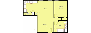 A floor plan of a room with a bedroom, bathroom, living room, and dining area.