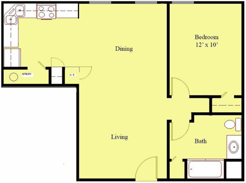 A floor plan of a room with a bedroom, bathroom, living room, and dining area.