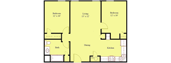 A floor plan of a small apartment with two bedrooms, a living room, a dining area, a kitchen, and a bathroom.