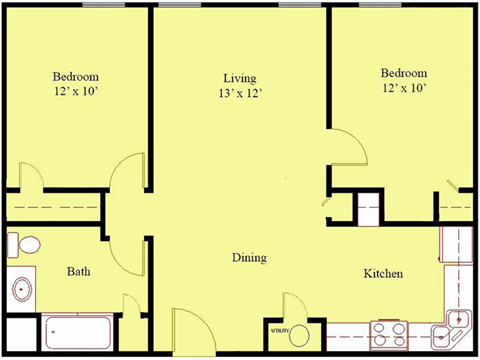 A floor plan of a small apartment with two bedrooms, a living room, a dining area, a kitchen, and a bathroom.