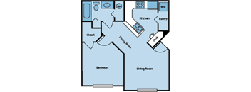 A floor plan of a house with a kitchen, pantry, dining room, living room, bedroom, closet, and bathroom.