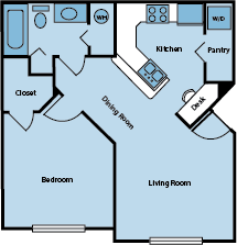A floor plan of a house with a kitchen, pantry, dining room, living room, bedroom, closet, and bathroom.