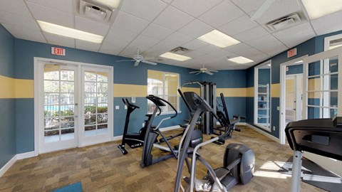 A gym with treadmills, exercise bikes and other equipment.