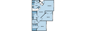 A floor plan of a house with a pantry, kitchen, dining room, living room, two bedrooms, and a closet.