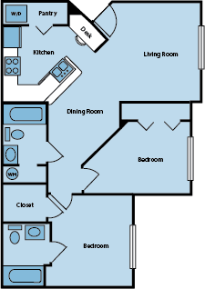 A floor plan of a house with a pantry, kitchen, dining room, living room, two bedrooms, and a closet.