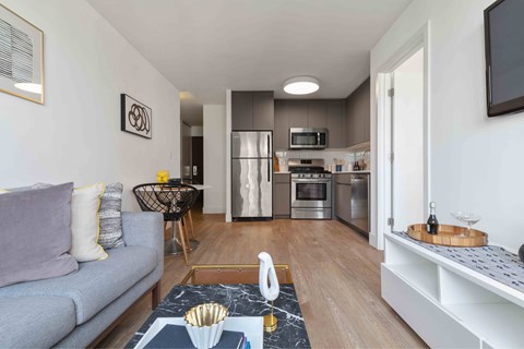 A modern living room with a grey sofa and a coffee table with a bowl on it.