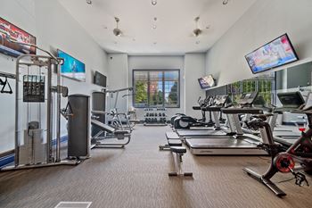 A gym with treadmills, exercise bikes, and other equipment.