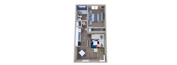 a stylized floor plan with a bedroom and a living room