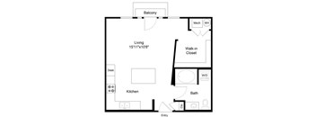 a floor plan of a living room with a bedroom and a kitchen