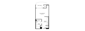 A floor plan of a home with a living area, kitchen, bathroom, and closet.