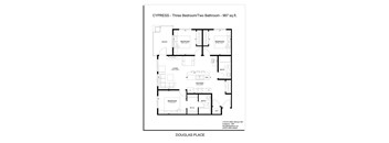 A floor plan for a CYPRESS apartment with three bedrooms and two bathrooms.