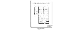 A floor plan for a two bedroom apartment with one bathroom.