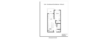 A floor plan for a one bedroom/one bathroom apartment at Douglas Place.