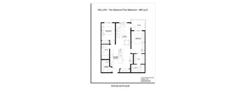 A floor plan of a two bedroom, two bathroom apartment.