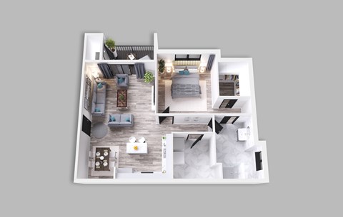 A top-down view of a modern apartment layout with a kitchen, living room, and bedrooms.