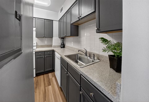 A kitchen with a stainless steel refrigerator and black cabinets.