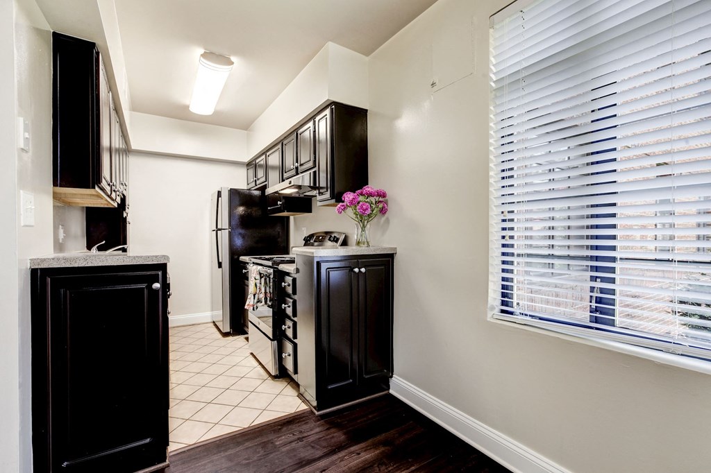 A kitchen with black appliances and a black cabinet.