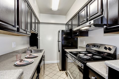 A kitchen with black cabinets and a black refrigerator.