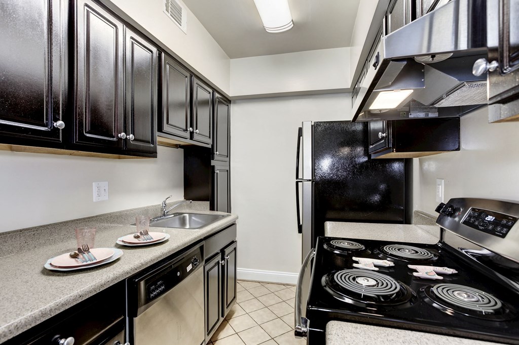 A kitchen with black cabinets and appliances.