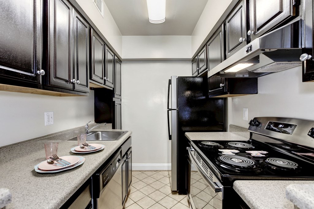A kitchen with black cabinets and a black refrigerator.