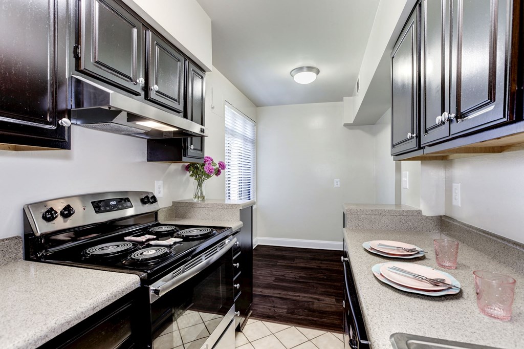 A kitchen with black cabinets and a black stove top oven.