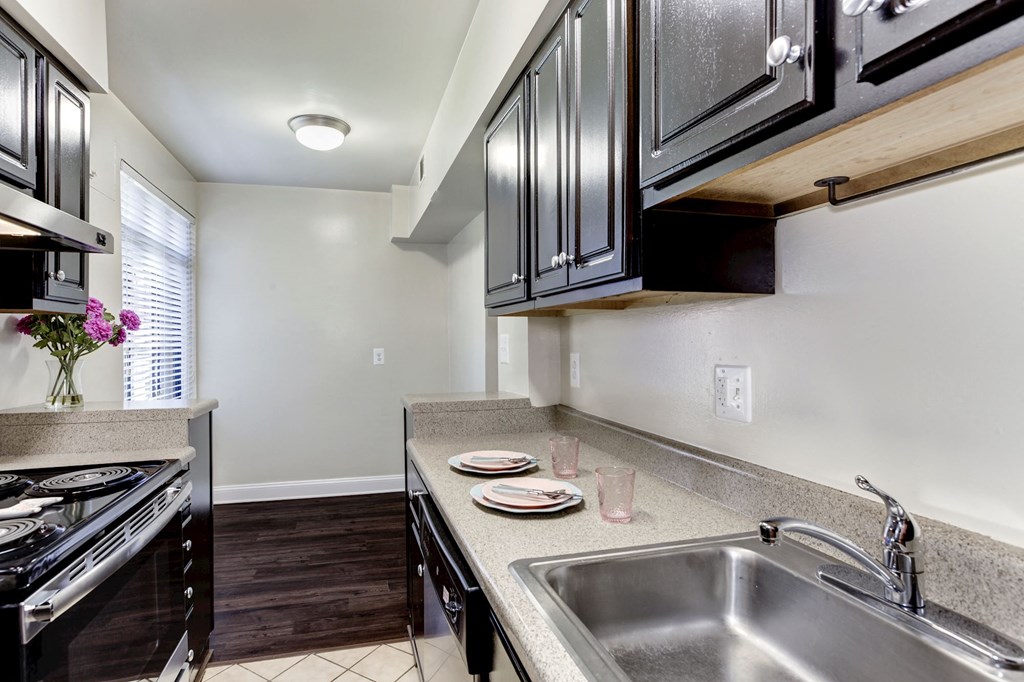 A kitchen with black cabinets and a stainless steel sink.