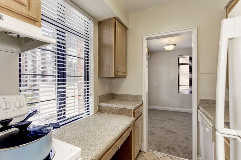 A kitchen with a stove top oven and a refrigerator.