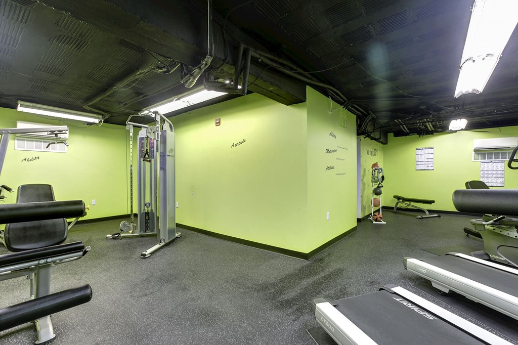 A gym with treadmills, weights, and exercise equipment.