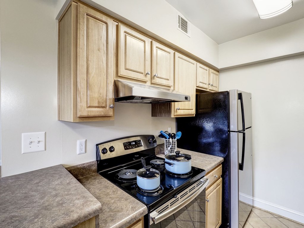 A kitchen with a black refrigerator and stove top oven.