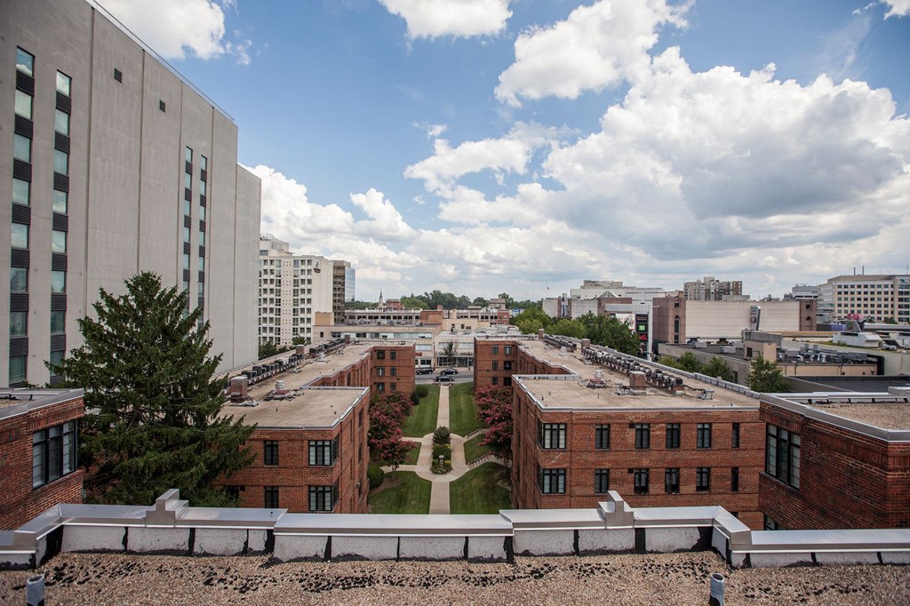 A view of a campus with buildings and a tree.