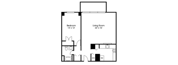 A floor plan of a room with a bedroom and a living room.