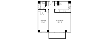 A floor plan of a small apartment with a bedroom and a living room.