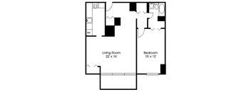 A black and white image of a floor plan for a living room and bedroom.